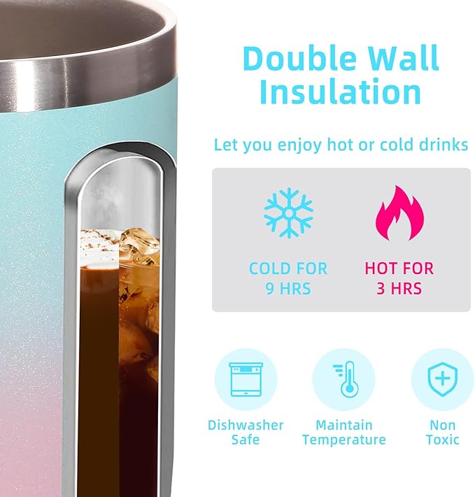Volhoply 14oz Insulated Stainless Steel Coffee Mug with Lid Bulk 2 Pack,Double Wall Vacuum Travel Coffee Cup with Handle,Reusable Cups Tumbler,Camping Mugs Keep Hot,Ideal Gifts(Green Pink,2)