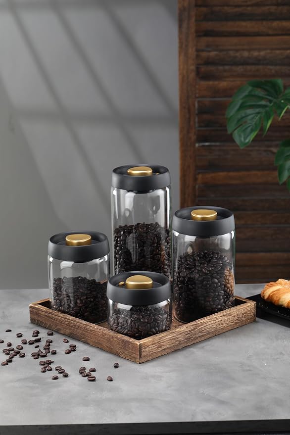 LOEZ Coffee Bean Storage Container Airtight, Lid Sealed with Press-Down Vacuum, Borosilicate Glass Coffee Canister, Food Storage, Coffee Bar for Ground Coffee, Tea, Beans, Spices (Large - Gray)