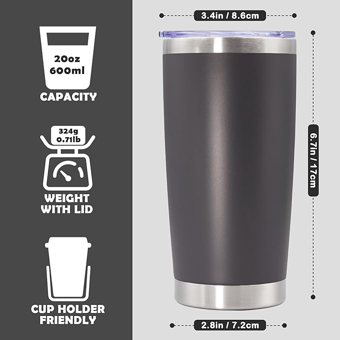 20oz Tumbler Bulk Stainless Steel Tumbler Cup with Lid Vacuum Insulated Double Wall Travel Mug, Durable Powder Coated Travel Coffee Tumbler Mug for Hot & Cold Drinks, Grey,12 Pack