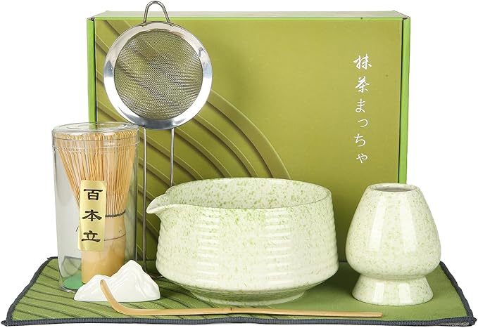Matcha Whisk Set, Ceramic Matcha Set with Spout, Matcha Bowl Kit with Sifter, Whisk and Holder, Bamboo Scoop, Scoop Rest, Tea Towel, 7 Pcs Matcha Kit Set for Making Breakfast/Latte for Matcha Lovers