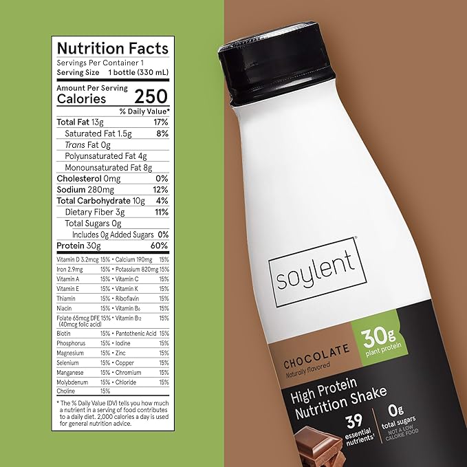 Soylent Complete Protein Shake, Chocolate, 30g Protein, Vegan, Dairy Free and 0g Sugar, Ready to Drink Protein Drinks, 11oz (12 Pack)