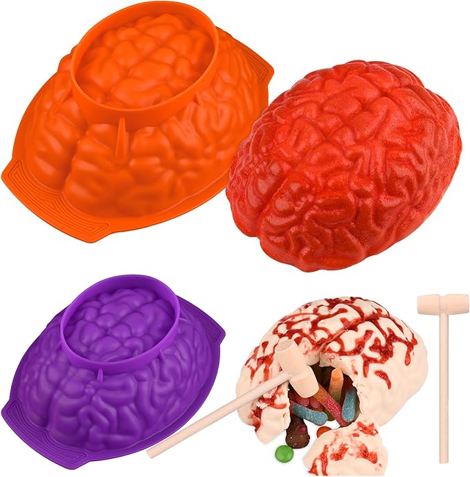 Sakolla Silicone Brain Molds, 2 PCS Halloween Realistic Human Brain Baking Molds for Chocolate Bomb, Jelly, Cake, Gelatin, Candle and Resin