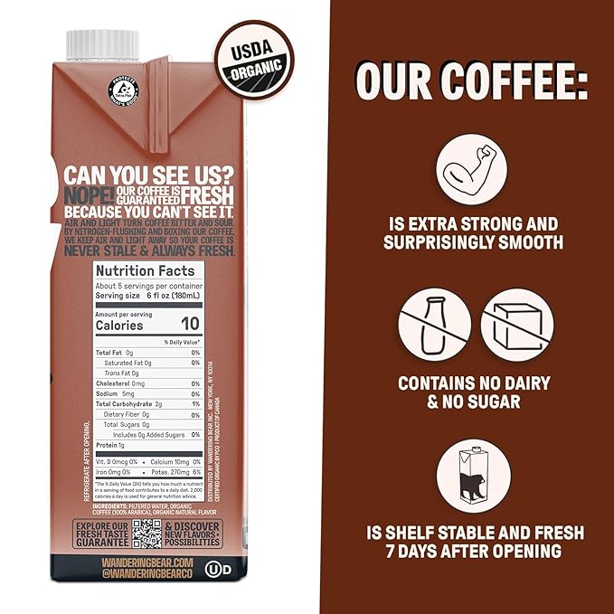 Wandering Bear Organic Mocha Cold Brew Coffee, 32 fl oz, 6 pack - Extra Strong, Bold, Smooth, Unsweetened, Shelf-Stable, Ready to Drink, Gluten Free, & Vegan, Iced Cold Brewed Coffee Drinks