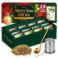 Gya Tea Co 14 Flavors Merry Tea Gift Set Variety Pack (28 Packs) - Assorted Loose Leaf Tea Sampler for Warm Holidays - Get Well Gifts With Infuser & Spoon