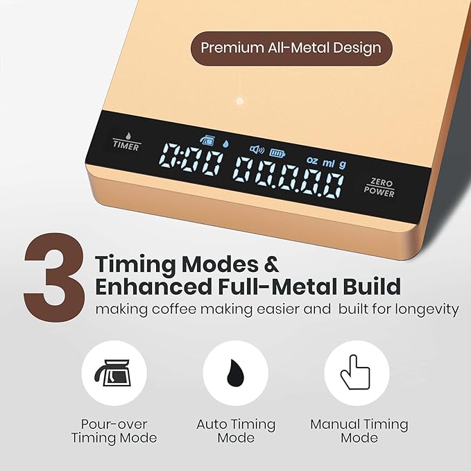 Mini Coffee Scale with Timer, Maestri House Rechargeable Espresso Scale, 2kg/0.1g Accurate Scale for Espresso and Pour-Over Coffee, Portable Digital Kitchen Scale with Automatic Timing-Gold