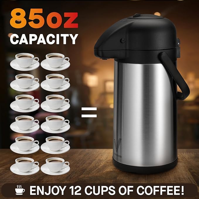85 oz (2.5L) Coffee Carafe with Pump, 2Pcs Insulated Stainless Steel Coffee Dispenser, Coffee Carafes for Keeping Hot/Cold, Hot Beverage Dispenser for Party