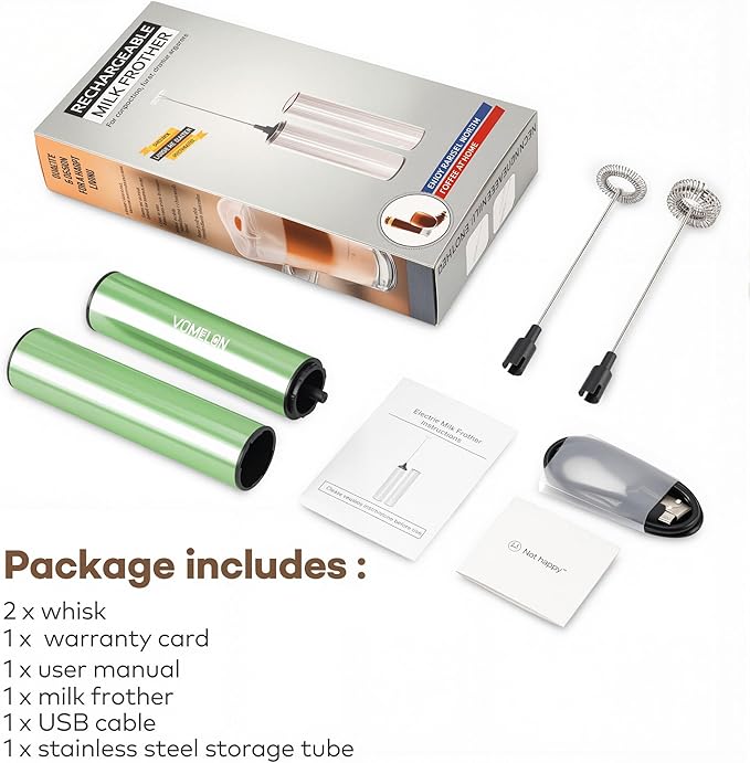 Rechargeable Milk Frother Handheld Electric Frother Wand Milk Foamer Drink Mixer for Coffee, Lattes, Cappuccino, and Egg, Stainless Steel for Travel-Green