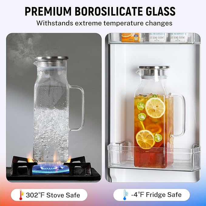 2 Quart (2 Liter 68 oz) Square Glass Pitcher with Lid and Spout, Water Pitchers with Handle for Fridge, Borosilicate Glass Carafe for Hot/Cold Drink, Large Jug for Iced Tea, Coffee,Juice,Milk,Beverage