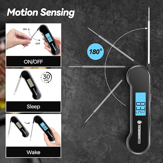 0.5 Sec Instant Read Meat Thermometer Digital with ±0.5℉ Precision, 100% Waterproof Auto Flip Bright LCD Screen, Motion Sensing Food Thermometer for Cooking Kitchen Oven Grill Candy BBQ, Black