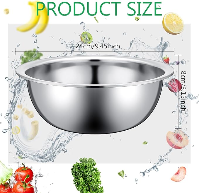 Pinkunn Set of 12 Stainless Steel Mixing Bowls, Nesting Metal Prep Salad Bowl Bulk Kitchen Large Reusable Baking Food Container for Hotel Restaurant Home Cooking, Silver(9.45 x 3.15 Inch)