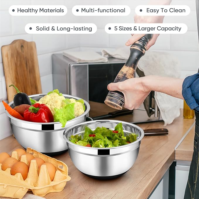 TeamFar Mixing Bowls with Lids Set, 7/3.5/2.5/1.5/1 QT, Stainless Steel Large Metal Salad Nesting Bowl, Non-Slip Silicone Bottom & Airtight Lid, Healthy & Deep - Set of 5(Black)