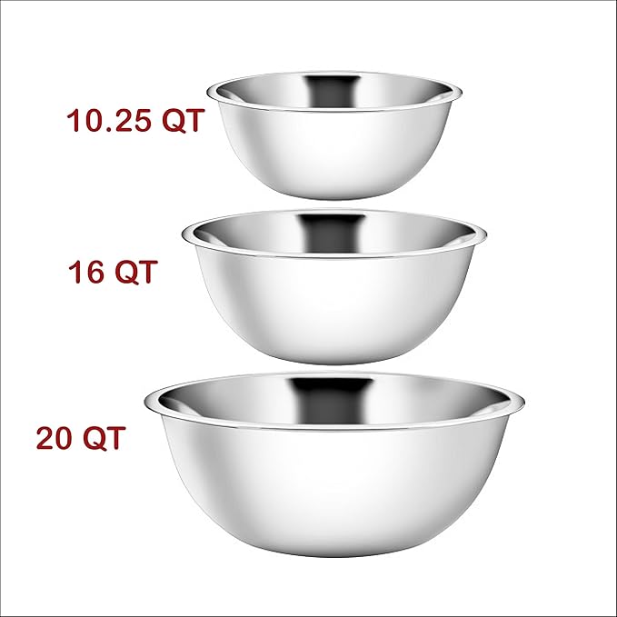 YBM HOME Stainless Steel Large Mixing Bowls (Set of 3) for Baking, Cooking, and Prepping, Includes 10.25, 16, 20 Quart, Stackable for Convenient Storage, 1194-96-90set