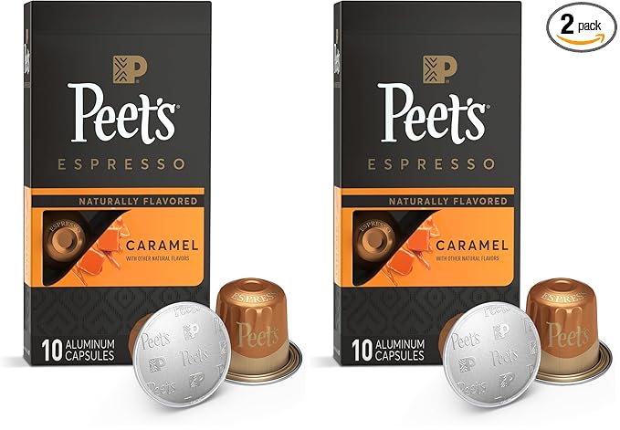 Peet's Coffee, Dark Roast Espresso Capsules Compatible with Nespresso Original Machine, Caramel 10 Count (1 Box of 10 Espresso Capsules) (Pack of 2)