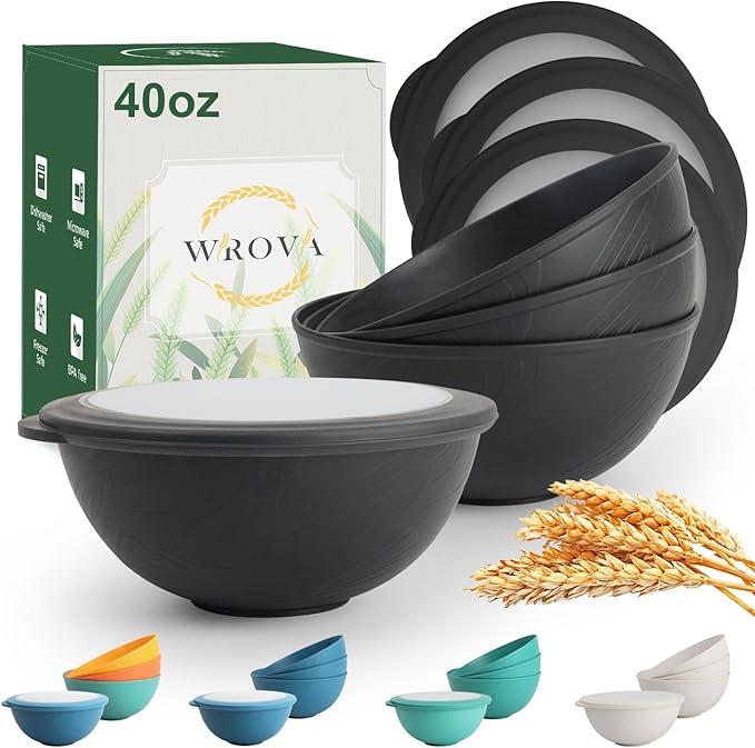 40oz wheat straw bowls set of 4,unbreakable ramen bowl set with cover,alternative plastic bowls with cover for kitchen,party,camping and picnic. Black