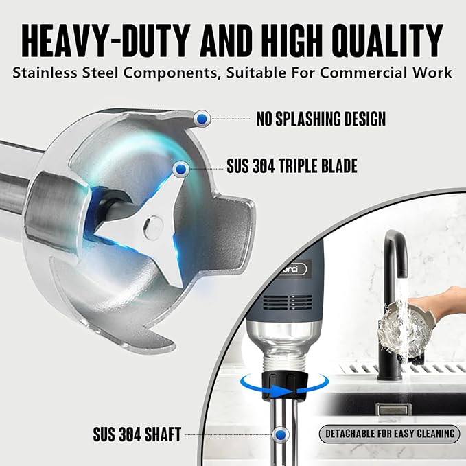 VONCI 750W Commercial Immersion Blender, Extra Heavy Duty Hand Blender with Variable Speed 8000-19000RPM, Handheld Stick Mixer with 22" SUS 304 Shaft, Commercial Emulsifier for Restaurant Kitchen.