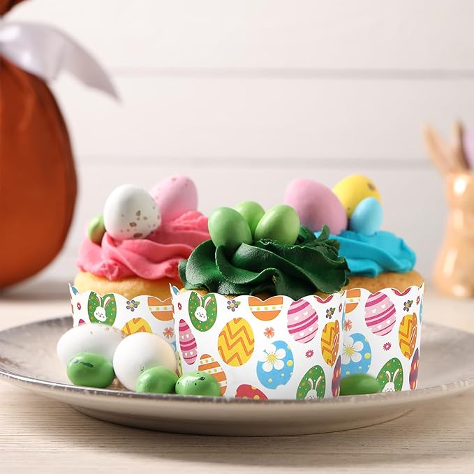 Whaline 100Pcs Multicolor Easter Paper Baking Cups with Easter Egg Bunny Flower Design, Disposable, 9 x 3.5 Inch
