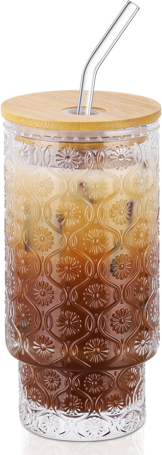 16 Oz Glass Cups with Lid and Straw, Vintage Embossed Floral Glass Tumbler, Iced Coffee Cups for Whiskey Cocktail Beer (1 PACK)
