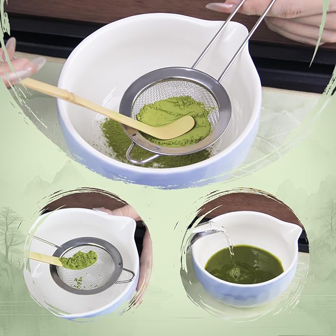 7-Pcs Matcha Whisk Set - Ceramic Matcha Set Includes Bowl,Whisk,Holder,Bamboo Scoop,Scoop Rest,Sifter & Tea Towel – Japanese Traditional Tea Kit for Beginners & Tea Lovers (Gradient Blue)