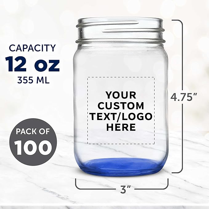 DISCOUNT PROMOS Custom Decorating Mason Jars 12 oz. Set of 100, Personalized Bulk Pack - Glass Jars for Overnight Oats, Candies, Fruits, Pickles, Spices, Beverages - Blue