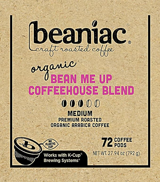 beaniac Organic Bean Me Up Coffeehouse Blend, Medium Roast, Single Serve Compostable K Cup Coffee Pods, Organic Arabica Coffee, Keurig Brewer Compatible, 72 Count