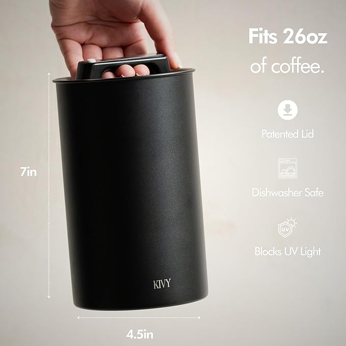 KIVY Vacuum Coffee Canister - Push Lid Preserves Coffee Aroma & Oil - Stainless Steel Airtight Coffee Canister - Container for Ground & Coffee Bean Storage - Removes Excess Air