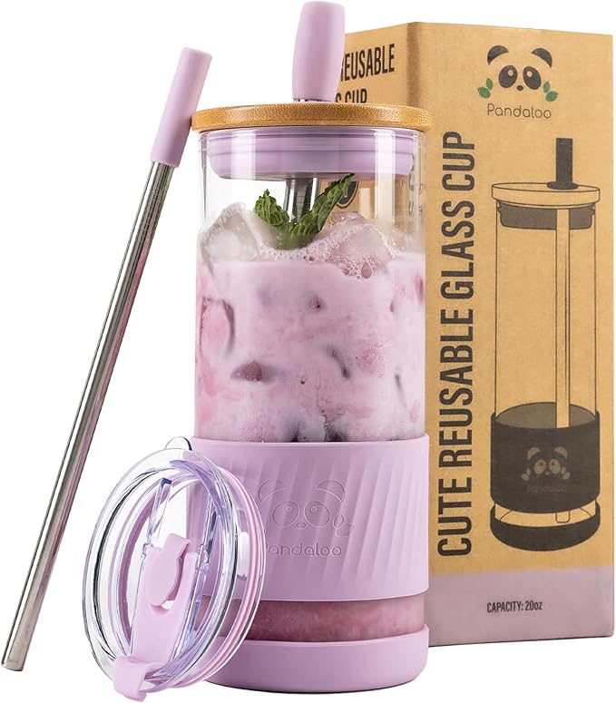 Pandaloo® Glass Cups With Lids and Straws -20 Fl Oz- Perfect Size Iced Coffee Cup - Smoothie Cup With Bamboo Lid and On the go Lid - Glass Tumbler With Straw (1 Count (Pack of 1), Lilac Rhapsody)