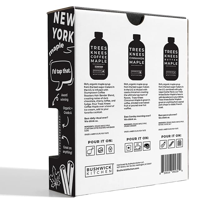 Trees Knees Maple Syrup Gift Set, Sweet Syrup Collection Includes Trio of Cinnamon, Butter Maple, and Coffee Flavored Syrups, Unique Gift Box for Foodies