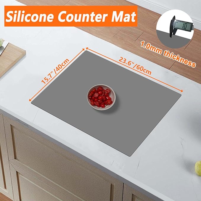 23.62"x15.74"(60cmx40cm) Countertop Protector Mat, Silicone Mats for Kitchen Counter, Cuttable Heat Resistant Mats for Counter, Waterproof Silicone Kitchen Island Protector Mat(2Pack, Dark Gray)