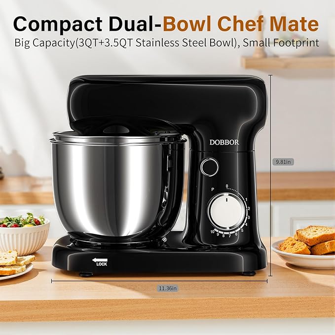 Stand Mixer with 3QT+3.5QT Dual Bowls, 10-Speed Electric 300W Food Mixer - Includes Egg Whisk, Dough Hook & Flat Beater for Home Baking & Daily Cooking (Black)