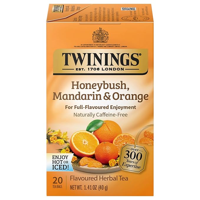 Twinings Honeybush, Mandarin, & Orange Herbal Tea Individually Wrapped Bags, 20 Count (Pack of 1), Naturally Caffeine-Free, Enjoy Hot or Iced, 20 Teabags