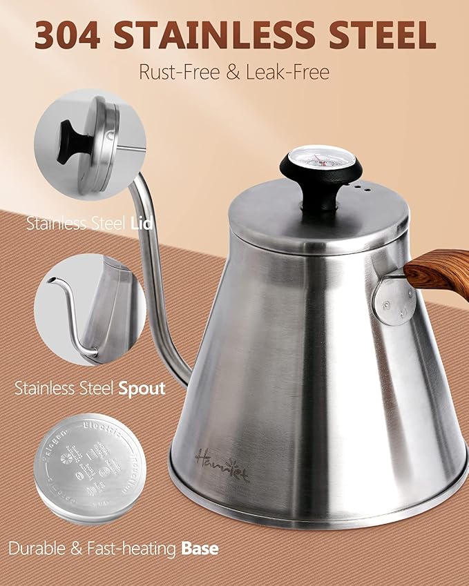 Harriet Gooseneck Kettle with Thermometer for Pour Over Coffee and Tea, 37 fl oz, Stainless Steel, Durable 3-Layer Base, Ideal Spout for Precision Pouring, Compatible with all Stove Tops