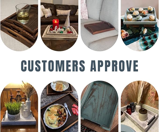 Serving Trays Set of 3 - Ottoman Wood Trays for Entertainment, Food and Décor - Rustic Farmhouse Distressed Finish - Stained Wood Brown