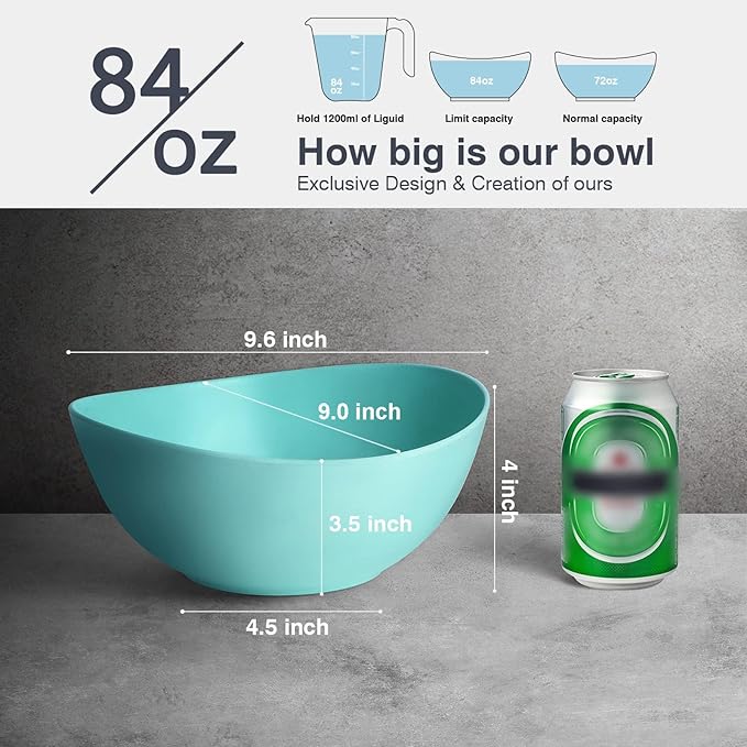 9.6'' Serving Bowls, Bamboo Fiber Salad Bowls Set of 4, 2.6Qt/84 Ounce, Large Bowls for Kitchen,Curvy Shape Big Deep Bowl for Salad,Vegetable,Fruit,Cereal, Lightweight & Easy to Clean(Multi Turquoise)