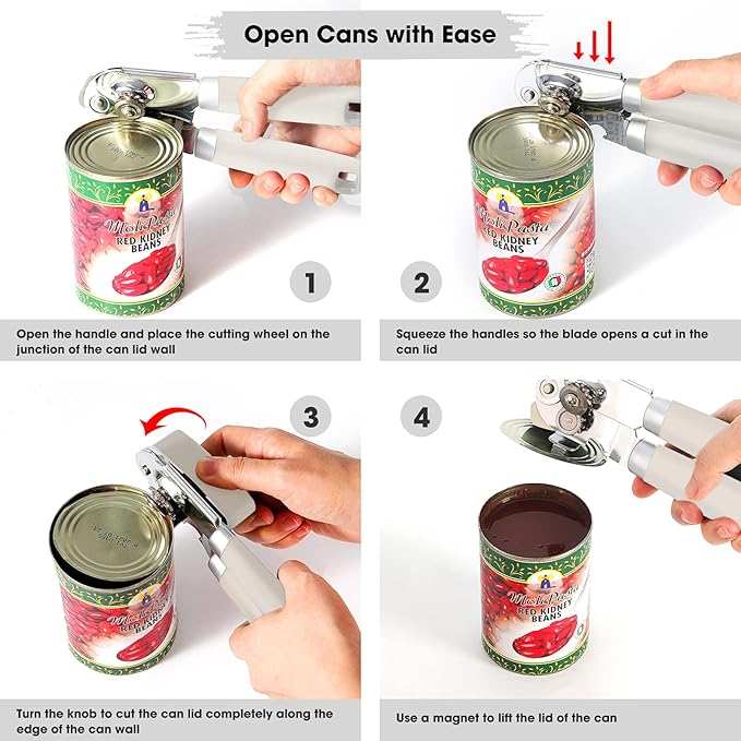 Beneno Can Opener Manual with Magnet, Hand Held Heavy Duty Can Opener with Durable Sharp Blade Smooth Edge, Big Effort-Saving Knob, Soft Grip Rubber Handle, Multifunctional Bottle Opener, Beige