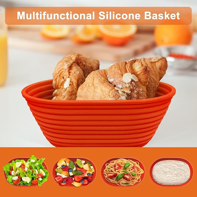 Silicone Banneton, Sourdough Bread Baskets (Set of 6, 6.5 Inch), Oval Proofing Bread Bowls with Starter Kit, Bread Making Baking Supplies