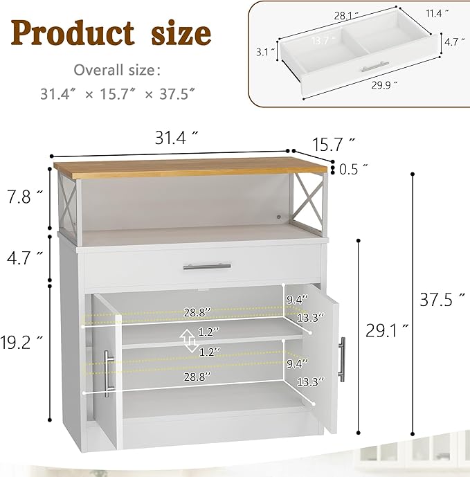 Vongrasig Sideboard Buffet Cabinet with Storage, 32” Modern Kitchen Storage Cabinet with Open Storage, Adjustable Shelf, Wood Farmhouse Coffee Bar Buffet Table for Kitchen, Dining Room, White