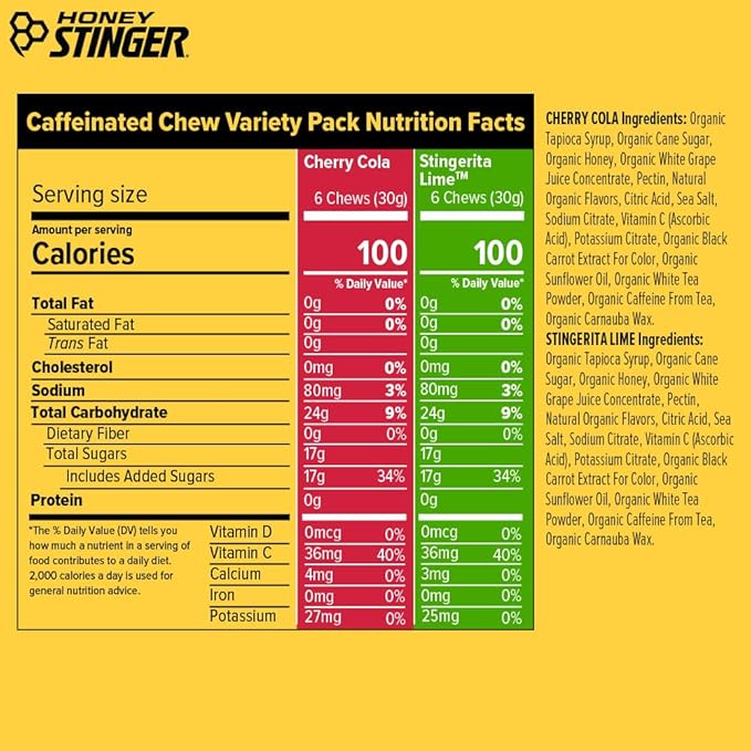 Honey Stinger Organic Caffeinated Energy Chew Variety Pack, 6 Packs Each of Cherry Cola & Stingerita Lime, Gluten Free, for Exercise, Endurance & Performance, Sports Nutrition for Home & Gym