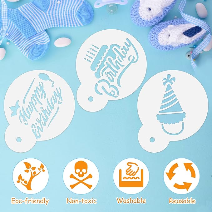 20 Pieces Birthday Cookie Stencil Templates Decoration Cookie Stencil for Birthday Coffee Cake Templates Reusable Painting Mold Tools, Dessert, Coffee Decorating Mold(Cake Style)