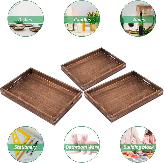 Wood Serving Tray, Rectangular Butler Serving Tray with Handle, Coffee Table Tray Decorative Tray for Tea, Coffee, Breakfast, Table Centerpieces 3 Pack