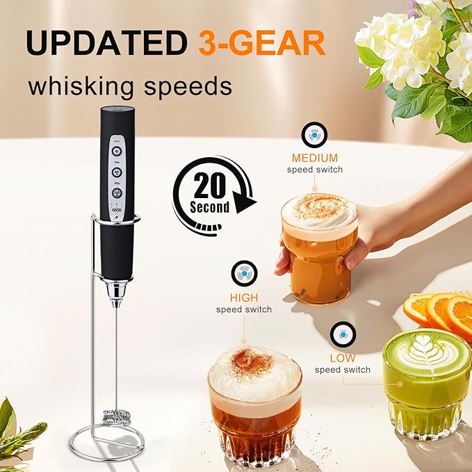 YUSWKO Black Handheld Milk Frother Wand with Stand for Coffee, Rechargeable Electric Whisk with 3 Heads 3 Speeds Drink Mixer Coffee Frother For Latte, Cappuccino, Hot Chocolate, Egg