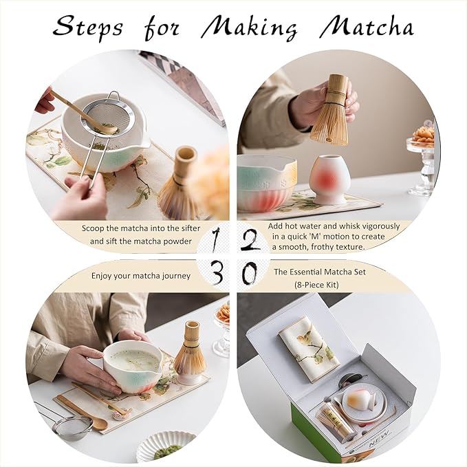 Matte Textured Ceramic Matcha Whisk Set, 8-Piece Matcha Kit Includes Matcha Bowl, Bamboo Whisk, Chasen Holder, Scoop, Scoop Rest, Sifter & Tea Towel for Japanese Tea Ceremony, Latte Making & Home Use