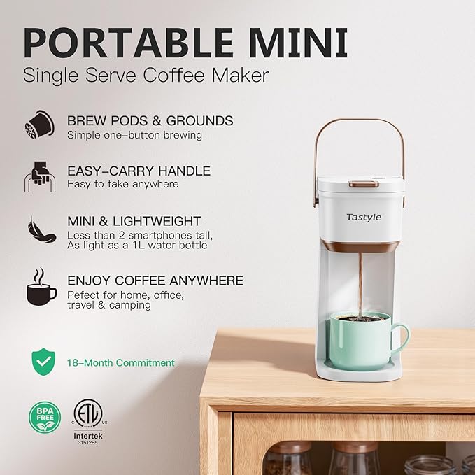 Single Serve One Cup Coffee Maker, for K Cups and Grounds, Mini Coffee Maker with Portable Handle, 6 to 12 Oz Brew Size, for Travel, Camping, Office, RV and Dorm, 120V, White and Brown