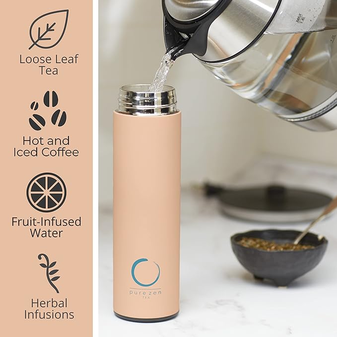 Pure Zen Tea Thermos with Infuser for Hot and Cold Infusions - Stainless Steel - Tea Infuser Bottle - Leakproof Travel Mug with Filter - 15oz - Pink