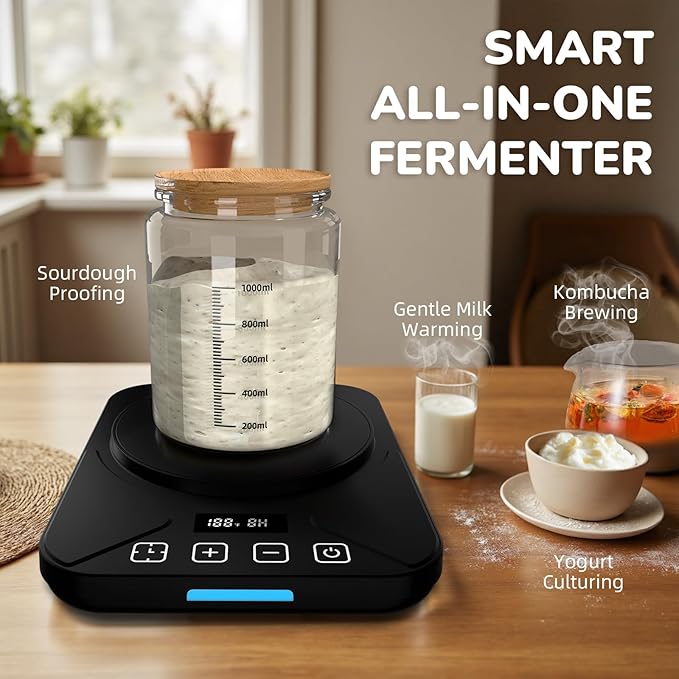 Sourdough Starter Warmer Mat - 24H Timer - Precise 1°F Thermostat Control (70-100°F) - Smart Memory Warming On/Off - Fits Jars Up to 40oz - Perfect for Home Baking (Black)