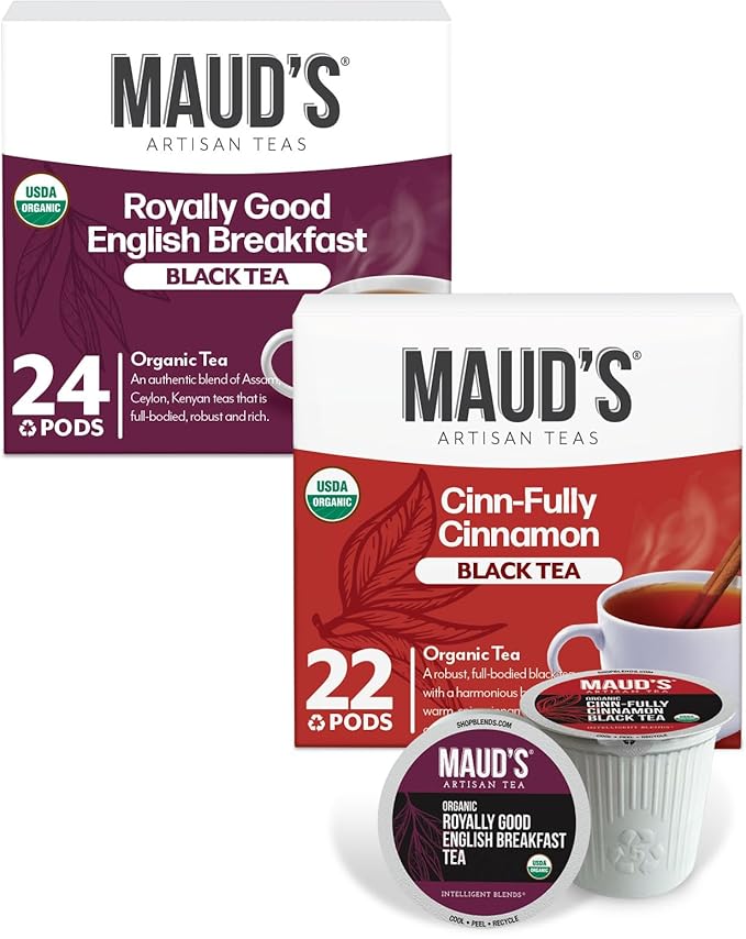 Maud's Organic Cinnamon Black Tea & Organic English Breakfast Black Tea Pods Bundle, 46 ct, Recyclable Single Serve Tea Pods – 100% Gourmet Blended Tea Leaves, Compatible with Keurig K Cups Maker