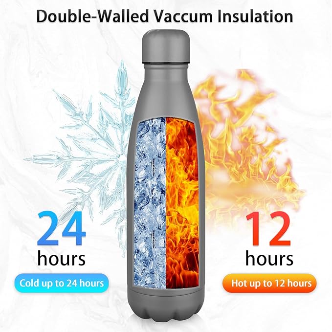 Insulated Water Bottle,17oz Stainless Steel Water Bottles with straw lid,Metal Sports Thermos Water Bottles for Boys,Girls,Double Wall Vacuum BPA-Free Flask for School, Sports (Grey)