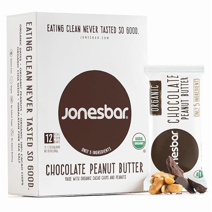 JONESBAR Organic Plant Based Protein Bars | Chocolate Peanut Butter | Fruit & Nut Bar, Kosher, Gluten Free, Breakfast Bars, School Snacks, Vegan Snack & Healthy Snacks for Adults and Kids (Pack of 12)