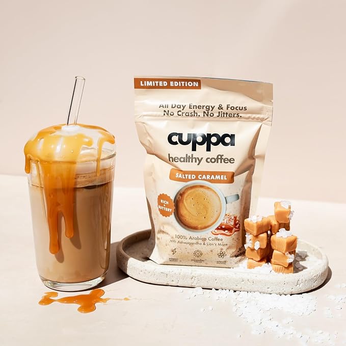 Cuppa Salted Caramel Healthy Mushroom Insant Coffee with Lion's Mane & Ashwagandha for All Day Energy & Focus - No Crash or Jitters - Nootropics for Brain Health, Gut Health, Immunity, Stress, Memory + Mood - 60 Servings