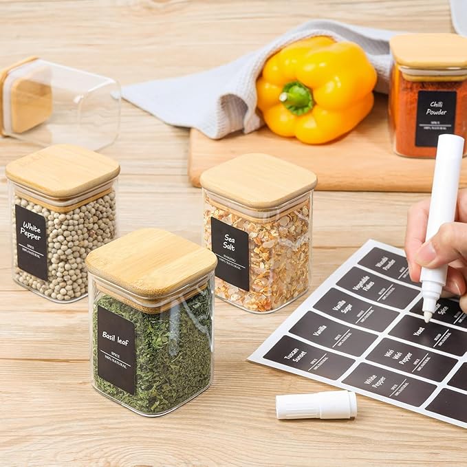 ComSaf Spice Jars with Labels 6 oz 12Pack, Small Spice Containers Starter Set, Glass Seasoning Jars with Lids, Square Seasoning Containers for Salt, Pepper, Chili Powder, Sugar, Ginger Ground, Cumin