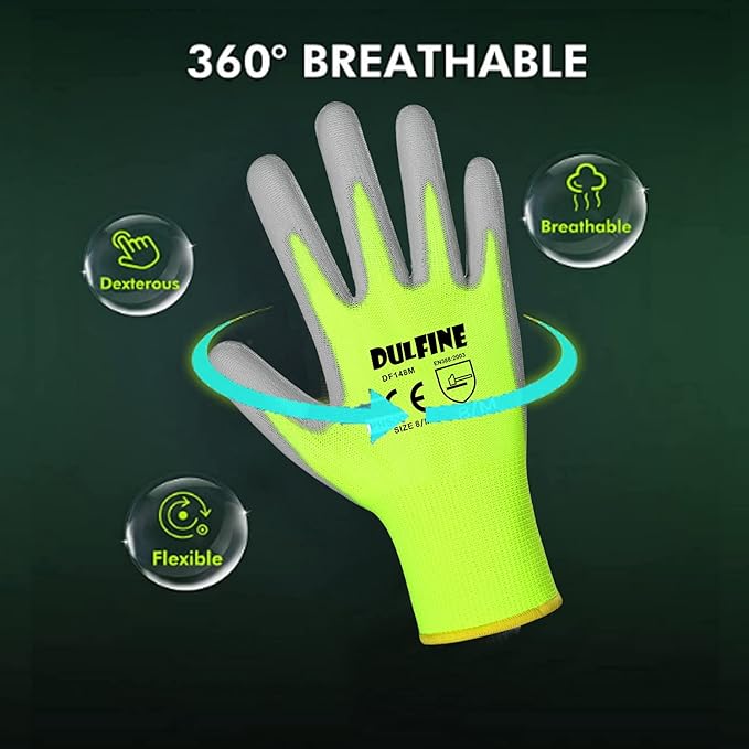 DULFINE Safety Work Gloves for Men PU Coated 12 Pairs Bulk Pack,Hi-Vis Yellow Seamless Knit Glove with thin Polyurethane Coated Smooth Grip on Palm & Fingers,Ideal for General Duty Work (Small)
